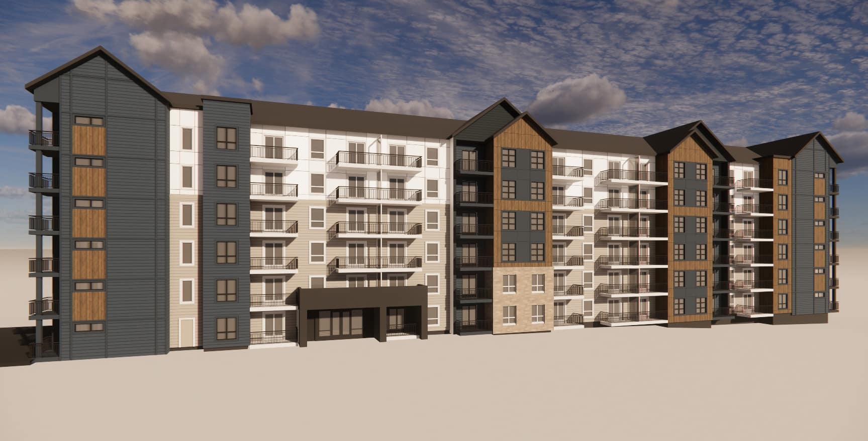 Rendering of a six-storey residential building beside Sherwood Park Mall, featuring Hardie siding in Arctic White and Cobblestone, Deep Ocean and Evening Blue panels, and wood accents in Winchester Brown. The design includes black picket railings and a mix of balconies.